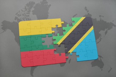 Litvanya ve Tanzanya bir dünya haritası üzerinde bayrağı ile bulmaca