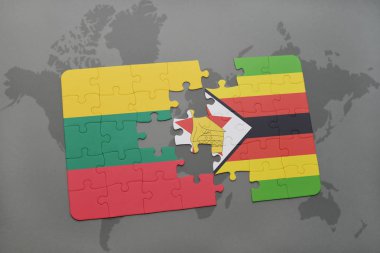 Litvanya ve Zimbabve Ulusal bayrak bir dünya haritası üzerinde ile bulmaca