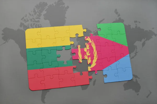 Puzzle with the national flag of lithuania and eritrea on a world map — Stock Photo, Image