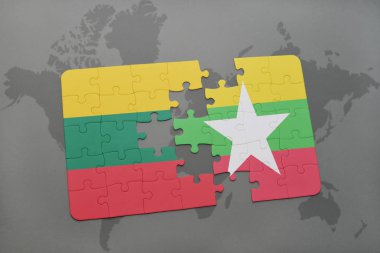 Litvanya ve myanmar ulusal bayrak bir dünya haritası üzerinde ile bulmaca