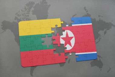 Litvanya ve Kuzey Kore ulusal bayrak bir dünya haritası üzerinde ile bulmaca