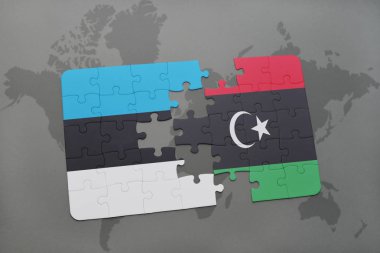 Estonya ve libya ulusal bayrak bir dünya haritası üzerinde ile bulmaca