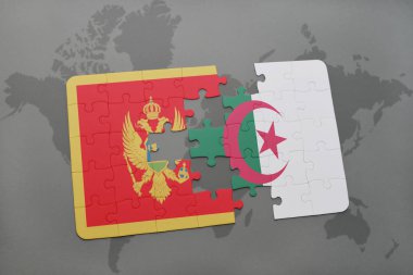Karadağ ve Cezayir ulusal bayrak bir dünya haritası üzerinde ile bulmaca