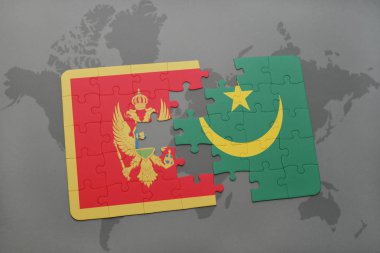 Karadağ ve Moritanya ulusal bayrak bir dünya haritası üzerinde ile bulmaca