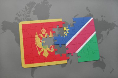 Karadağ ve Namibya ulusal bayrak bir dünya haritası üzerinde ile bulmaca
