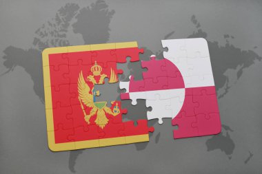 Karadağ ve Grönland Ulusal bayrak bir dünya haritası üzerinde ile bulmaca