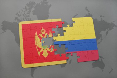 Karadağ ve Kolombiya ulusal bayrak bir dünya haritası üzerinde ile bulmaca