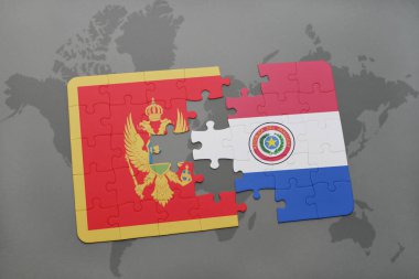 Karadağ ve paraguay ulusal bayrak bir dünya haritası üzerinde ile bulmaca