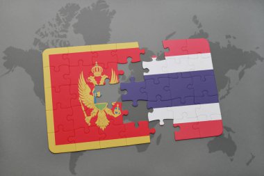 Karadağ ve Tayland ulusal bayrak bir dünya haritası üzerinde ile bulmaca