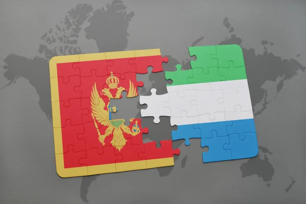 Quebra-cabeça com a bandeira nacional de Monten=e sierra leone em um mapa do mundo — Fotografia de Stock
