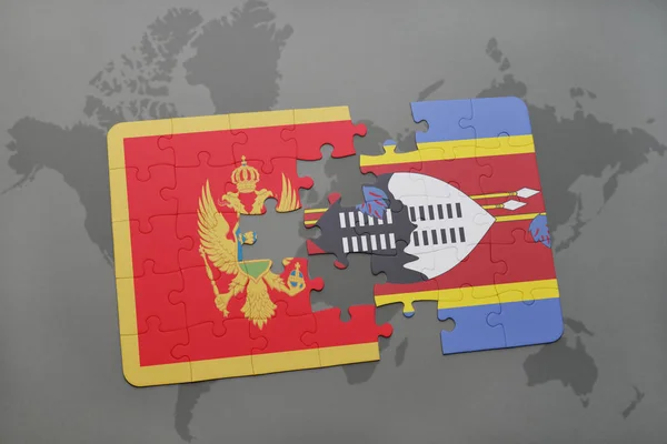 Puzzel met de nationale vlag van montenegro en swaziland op een wereldkaart — Stockfoto