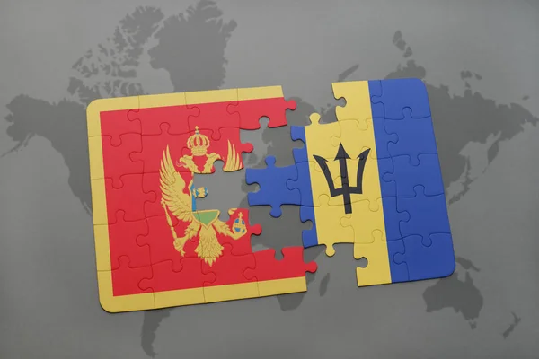 Bir dünya haritası üzerinde Karadağ ve barbados bayrağı ulusal ile bulmaca — Stok fotoğraf