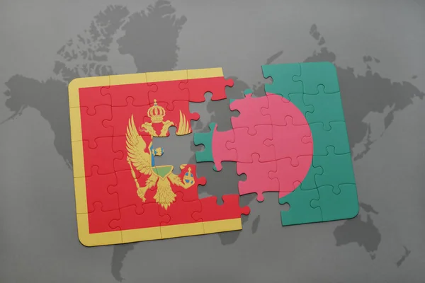 益智与黑山和孟加拉国国旗在世界地图上 — 图库照片