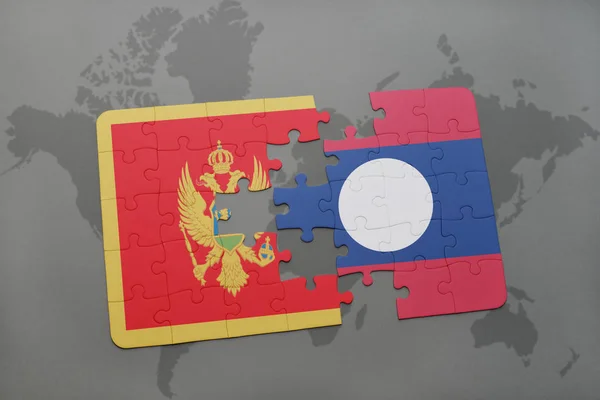 Quebra-cabeça com a bandeira nacional de Monten=and Laos em um mapa do mundo — Fotografia de Stock