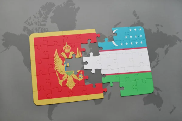 Puzzel met de nationale vlag van montenegro en Oezbekistan op een wereldkaart — Stockfoto