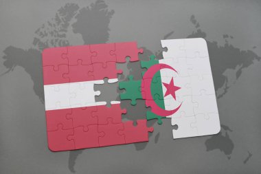 Letonya ve Cezayir ulusal bayrak bir dünya haritası üzerinde ile bulmaca