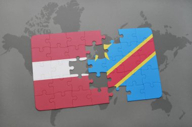 Letonya bayrağı ve bir dünya haritası üzerinde Kongo Demokratik Cumhuriyeti ile bulmaca