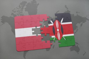 Letonya ve kenya ulusal bayrak bir dünya haritası üzerinde ile bulmaca