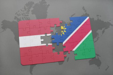 Letonya ve Namibya ulusal bayrak bir dünya haritası üzerinde ile bulmaca