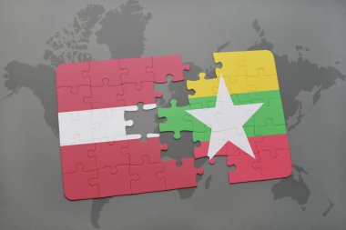 Letonya ve myanmar ulusal bayrak bir dünya haritası üzerinde ile bulmaca
