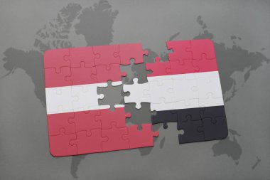 Letonya ve yemen ulusal bayrak bir dünya haritası üzerinde ile bulmaca