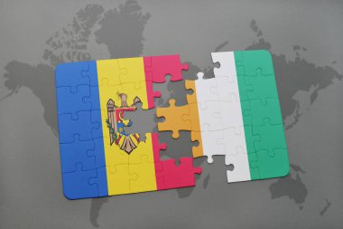 moldova bayrağı ile bulmaca ve Fildişi Sahili bir dünya haritası üzerinde