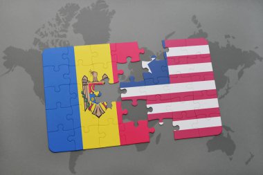 moldova ve Liberya ulusal bayrak bir dünya haritası üzerinde ile bulmaca