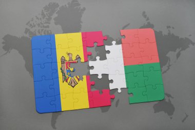 moldova ve Madagaskar ulusal bayrak bir dünya haritası üzerinde ile bulmaca