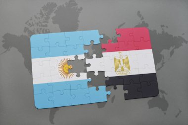 Arjantin ve Mısır ulusal bayrak bir dünya haritası üzerinde ile bulmaca