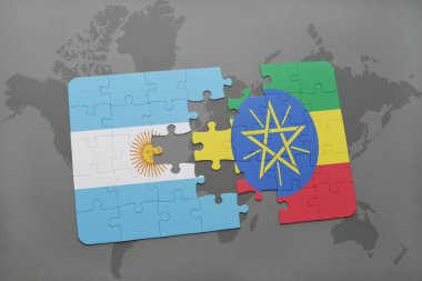 Arjantin ve Etiyopya bir dünya haritası üzerinde bayrağı ile bulmaca