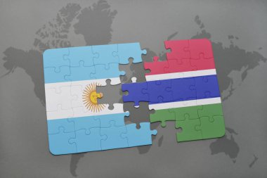 Arjantin ve Gambiya ulusal bayrak bir dünya haritası üzerinde ile bulmaca