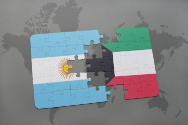 Arjantin ve Kuveyt ulusal bayrak bir dünya haritası üzerinde ile bulmaca