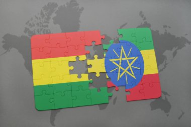 Bolivya ve Etiyopya bir dünya haritası üzerinde bayrağı ile bulmaca