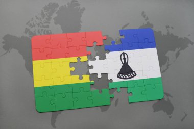bir dünya haritası üzerinde Bolivya ve Lesoto bayrağı ulusal ile bulmaca