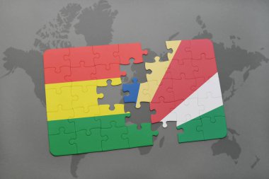 Bolivya ve Seyşeller ulusal bayrak bir dünya haritası üzerinde ile bulmaca