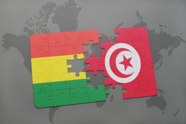 Bolivya ve Tunus bir dünya haritası üzerinde bayrağı ile bulmaca