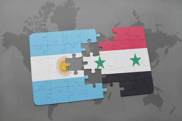 Puzzel met de nationale vlag van Argentinië en Syrië op een wereldkaart — Stockfoto