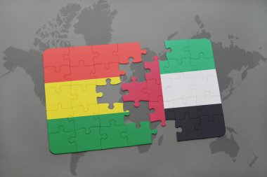 bir dünya haritası üzerinde Bolivya ve Birleşik Arap Emirlikleri bayrağı ulusal ile bulmaca