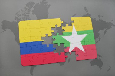 Kolombiya ve myanmar ulusal bayrak bir dünya haritası üzerinde ile bulmaca