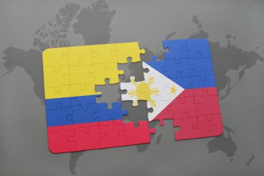 Kolombiya ve Türkiye ulusal bayrak bir dünya haritası üzerinde ile bulmaca