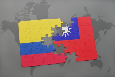 Kolombiya ve Tayvan ulusal bayrak bir dünya haritası üzerinde ile bulmaca