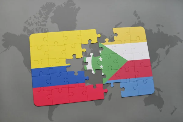 Quebra-cabeça com a bandeira nacional da colômbia e comorbidades em um mapa mundial — Fotografia de Stock