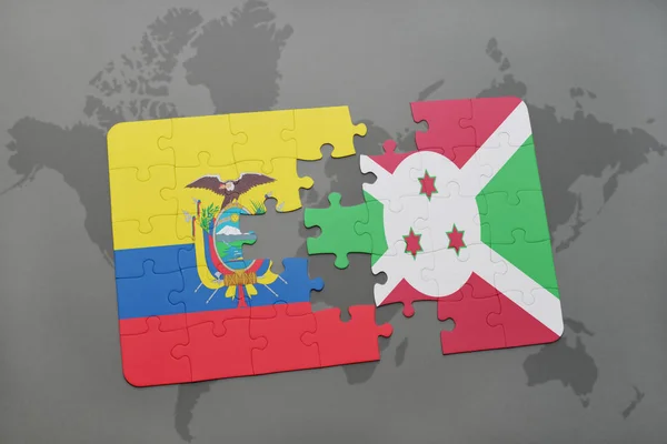 Quebra-cabeça com a bandeira nacional do equador e burundi em um mapa do mundo — Fotografia de Stock