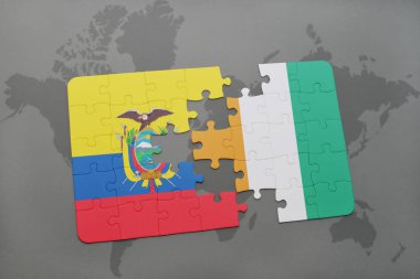 Ekvador ulusal bayrak ile bulmaca ve Fildişi Sahili bir dünya haritası üzerinde