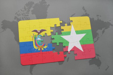 bir dünya haritası üzerinde Ekvador ve myanmar bayrağı ulusal ile bulmaca