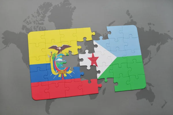 Rompecabezas con la bandera nacional del ecuador y djibouti en un mapa del mundo — Foto de Stock