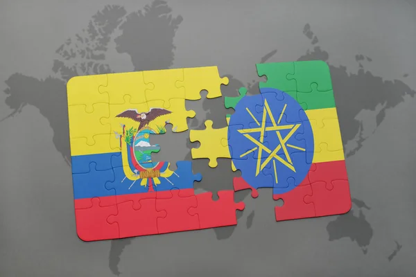 Puzzle z Flaga narodowa Ekwador i Etiopii na mapie świata — Zdjęcie stockowe