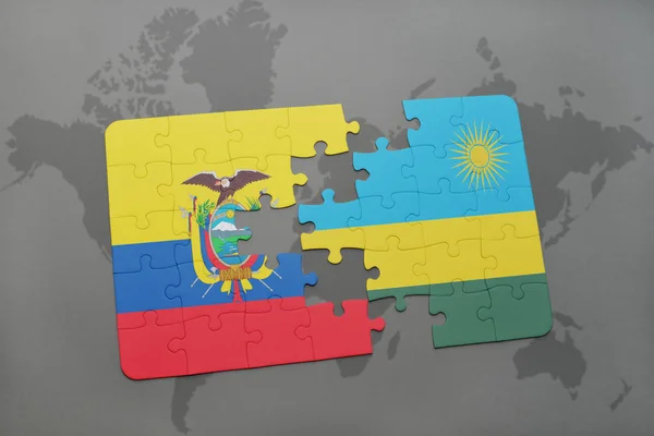 Rompecabezas con la bandera nacional de Ecuador y Ruanda en un mapa del mundo — Foto de Stock