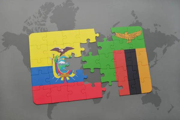 Rompecabezas con la bandera nacional de Ecuador y Zambia en un mapa del mundo — Foto de Stock