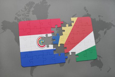 paraguay ve Seyşeller ulusal bayrak bir dünya haritası üzerinde ile bulmaca
